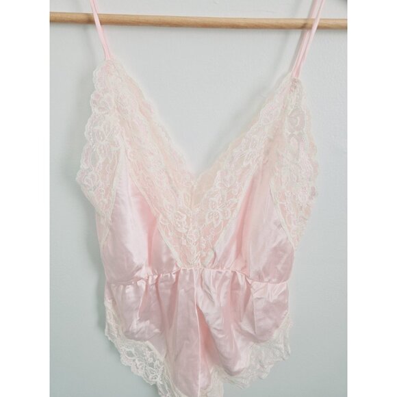 Vintage Teddy Lingerie Silky Satin Lace Pink Ms Leslee V-Neck Bodysuit L Large - Picture 2 of 9